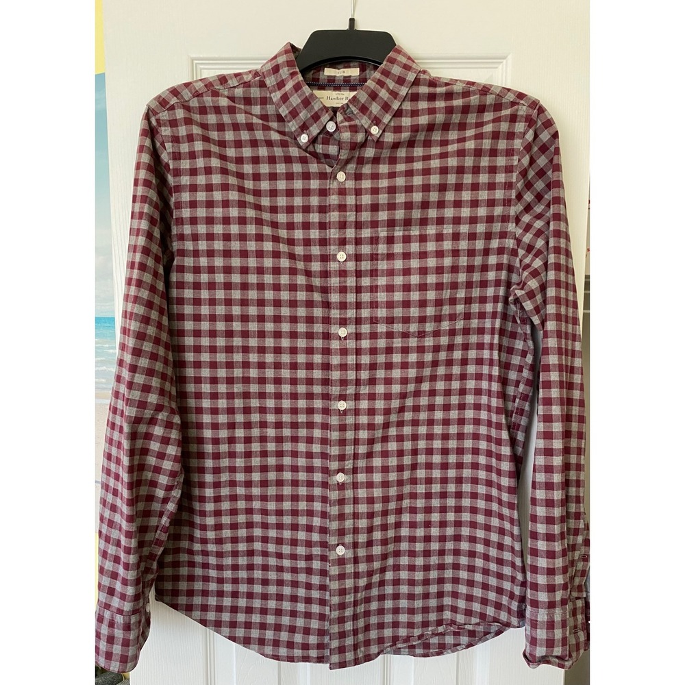 Hawker Rye Mens Shirt M Slim Burgundy Red Grey Gingham Check Button Down Casual